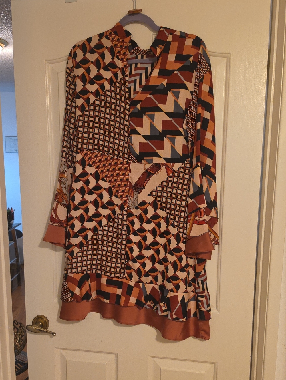 Zara Geo Patchwork Long Sleeve Dress in Rust, Cream, Black and Navy